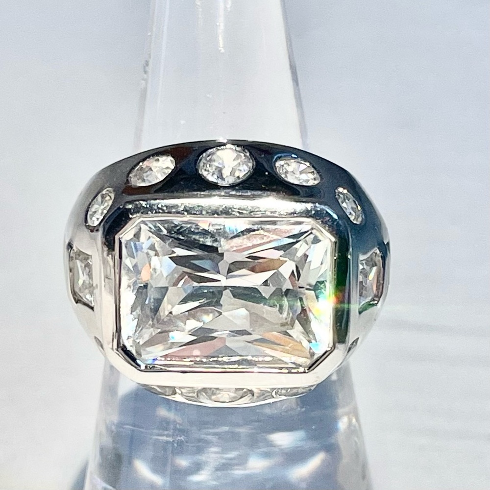 Spectacular Emerald Cut Diamond Wide Band Ring Heavy Sterling Silver 925 Vintage